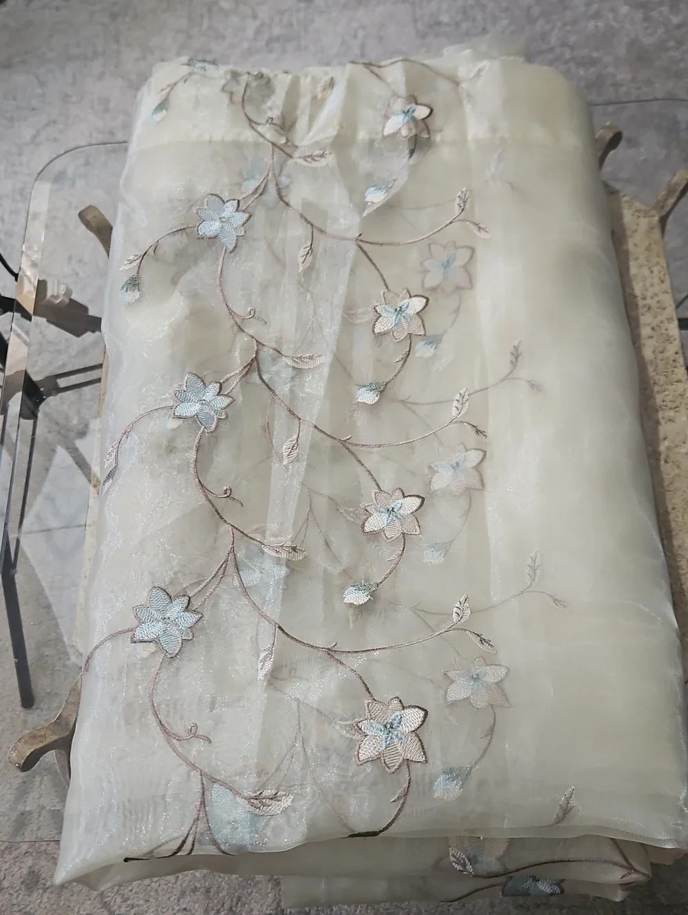 Pair Of 2 Champagne Sheer Embroidered Floral Curtain Panels  84